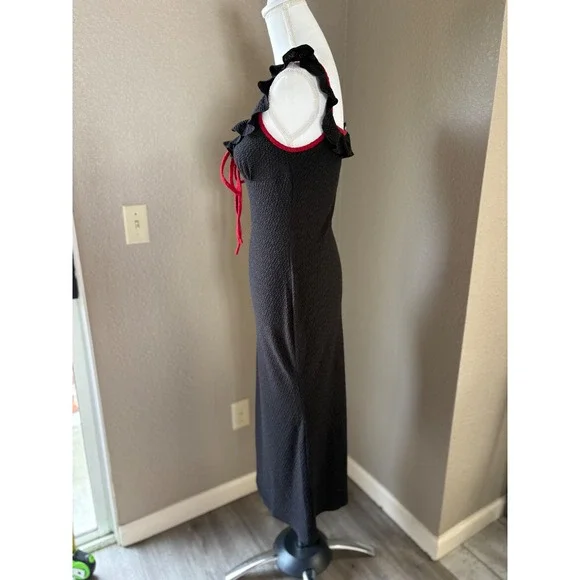 Cider Black Red Ruffle Bow Textured Sweetheart Neck Midi Dress Size M - Picture 2 of 8